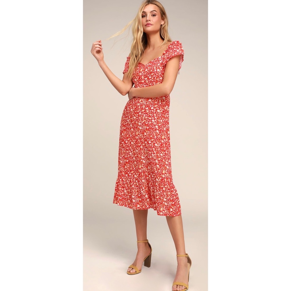 Lulus Mariana Red Floral Print Midi Dress Size XS